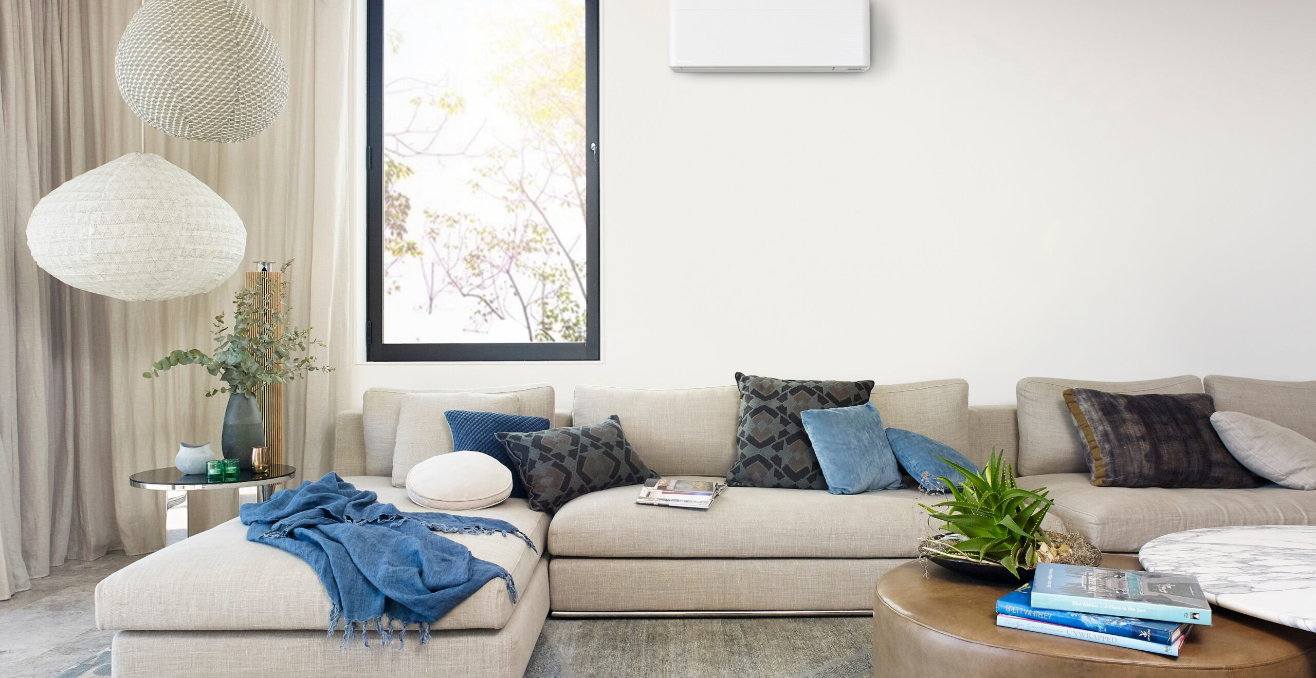 Bright living room with Daikin air conditioning comfort on the Sunshine Coast