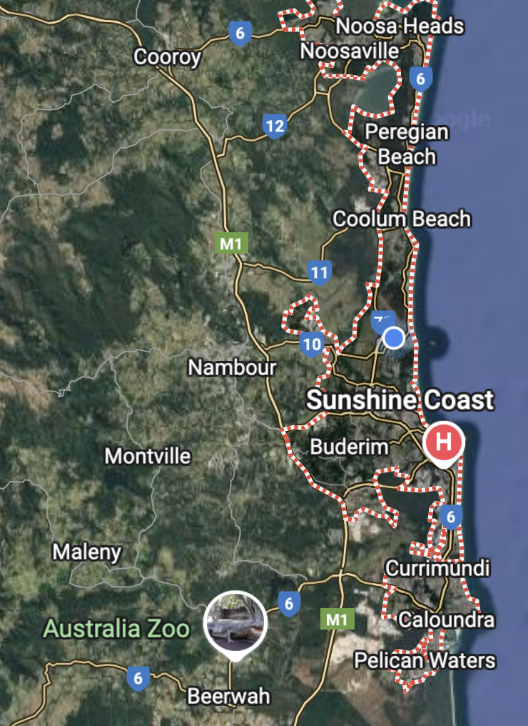 The Cool Shop air conditioning service area map showing coverage across Sunshine Coast including Noosa, Maroochydore, Coolum, Caloundra, and surrounding suburbs